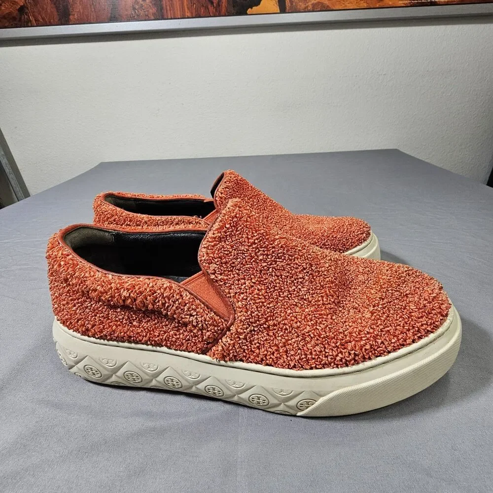 Tory Burch Howell Slip On Sneakers Womens 7.5 Orange Boucle Raffia Shoes 149646